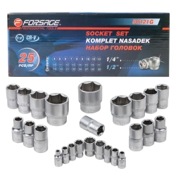Головки 1/4'', 1/2'', набор 25пр. (6гр.) Forsage F-50121G