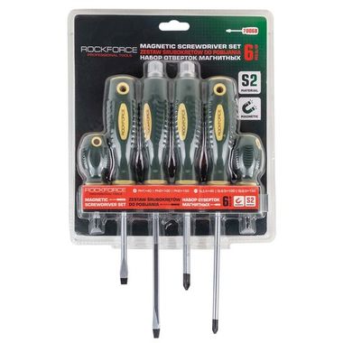 Набор отверток магнитных 6пр.(SL:5.5х40,6.5х100мм, PH:1х40,2х150мм, силовые: SL6.5х150, РН2х100мм)в блистере RockForce RF-7006B