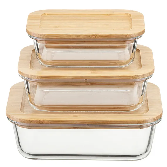Набор стеклянных прямоугольных контейнеров с бамбуковыми крышками, 3 шт.