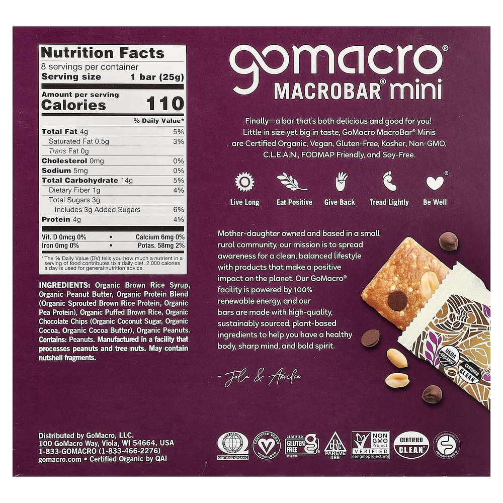 GoMacro, MacroBar® мини, арахисовая паста и шоколадная крошка, 8 батончиков по 25 г (0,9 унции)