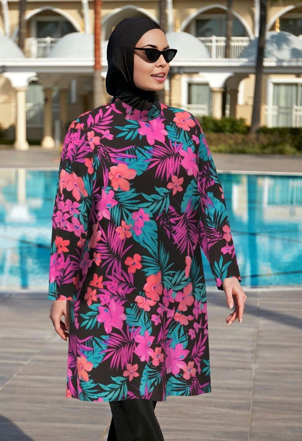 Купальный костюм 17260-17258 розовые цветы на черном