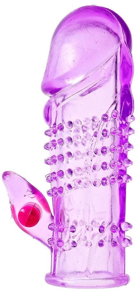 Фиолетовая насадка на фаллос с вибрацией и стимулятором клитора - 10 см.