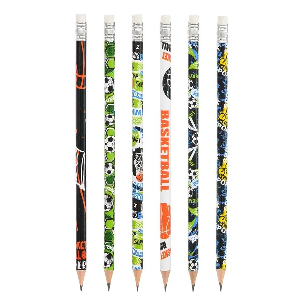 Карандаш простой, чернографитный, Basir, деревянный, с ластиком, серия "Спорт", с рисунком на корпусе, 12 шт