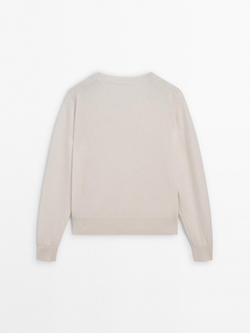 Massimo Dutti Свитер из шерсти и кашемира с V-образным вырезом, натуральный, кремовый