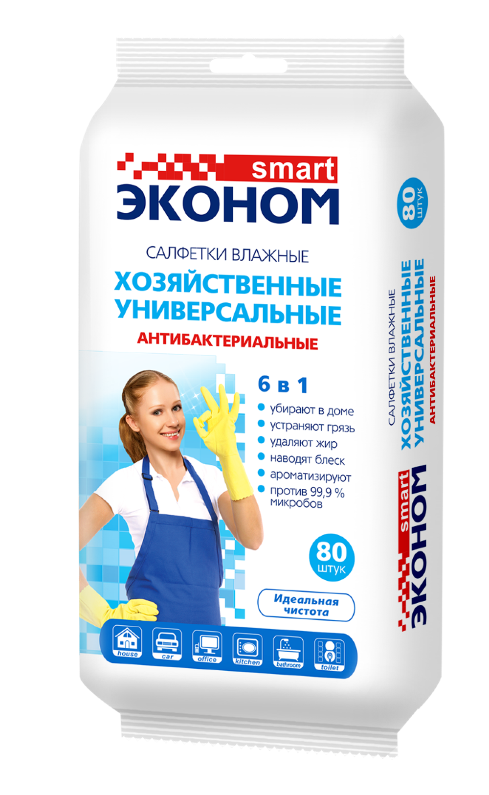 ЭКОНОМ SMART  №80 Салфетки влажные Универсальные Хозяйственные 6в1. Без крышки, 80 шт*20
