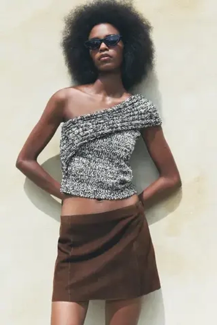 ZARA ТРИКОТАЖНЫЙ ТОП АСИММЕТРИЧНОГО КРОЯ, ЧЕРНЫЙ/БЕЛЫЙ