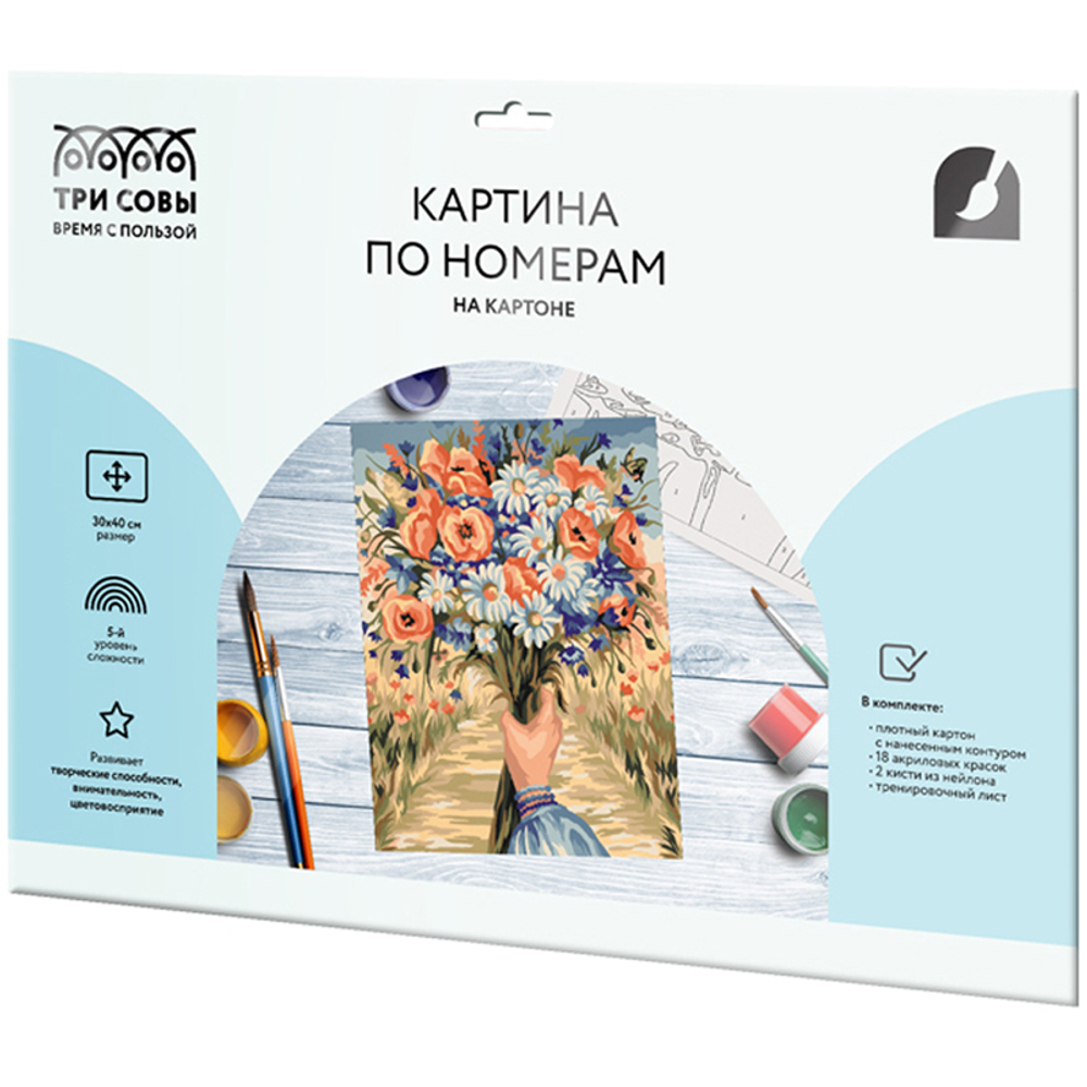 Картина по номерам на картоне "Полевые цветы", 30*40, с акриловыми красками и кистями, ТРИ СОВЫ