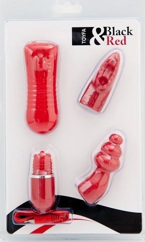 Красный мини-вибратор с насадками, 6 см.