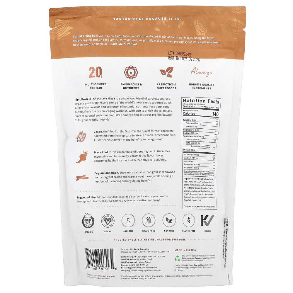 Sprout Living, Epic Protein, органический растительный протеин и суперпродукты, шоколад и мака, 455 г (1 фунт)