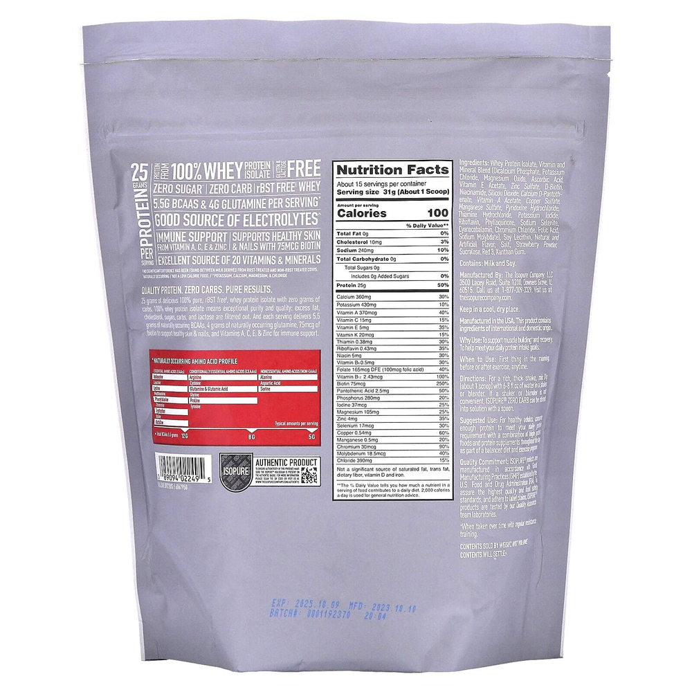 Isopure, протеиновый порошок без углеводов, клубника со сливками, 454 г (1 фунт)