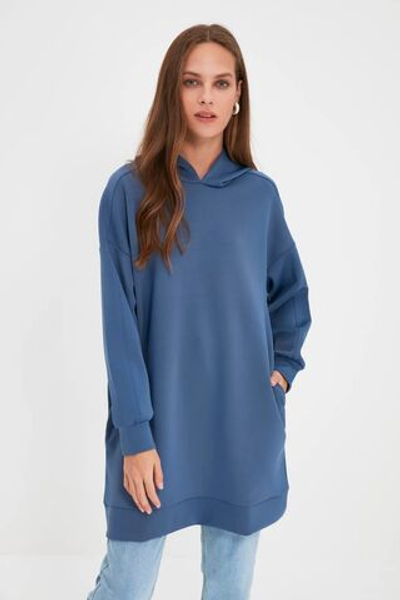 Темно-синяя трикотажная толстовка с капюшоном большого размера с широким рисунком и карманами для подводного плавания TCTAW22TW0151