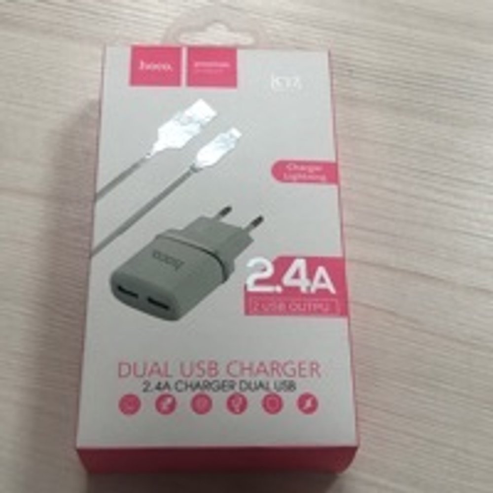 СЗУ USB Hoco C12 (12W, 2 порта, кабель Lightning) Белый