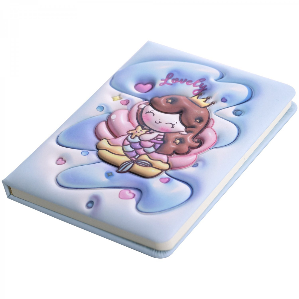 Записная книжка 13,0 см * 18,0 см , 7БЦ, Alingar, PU, поролон, конгрев, эффект 3D, 80л., линия, "Русалочка", голубой