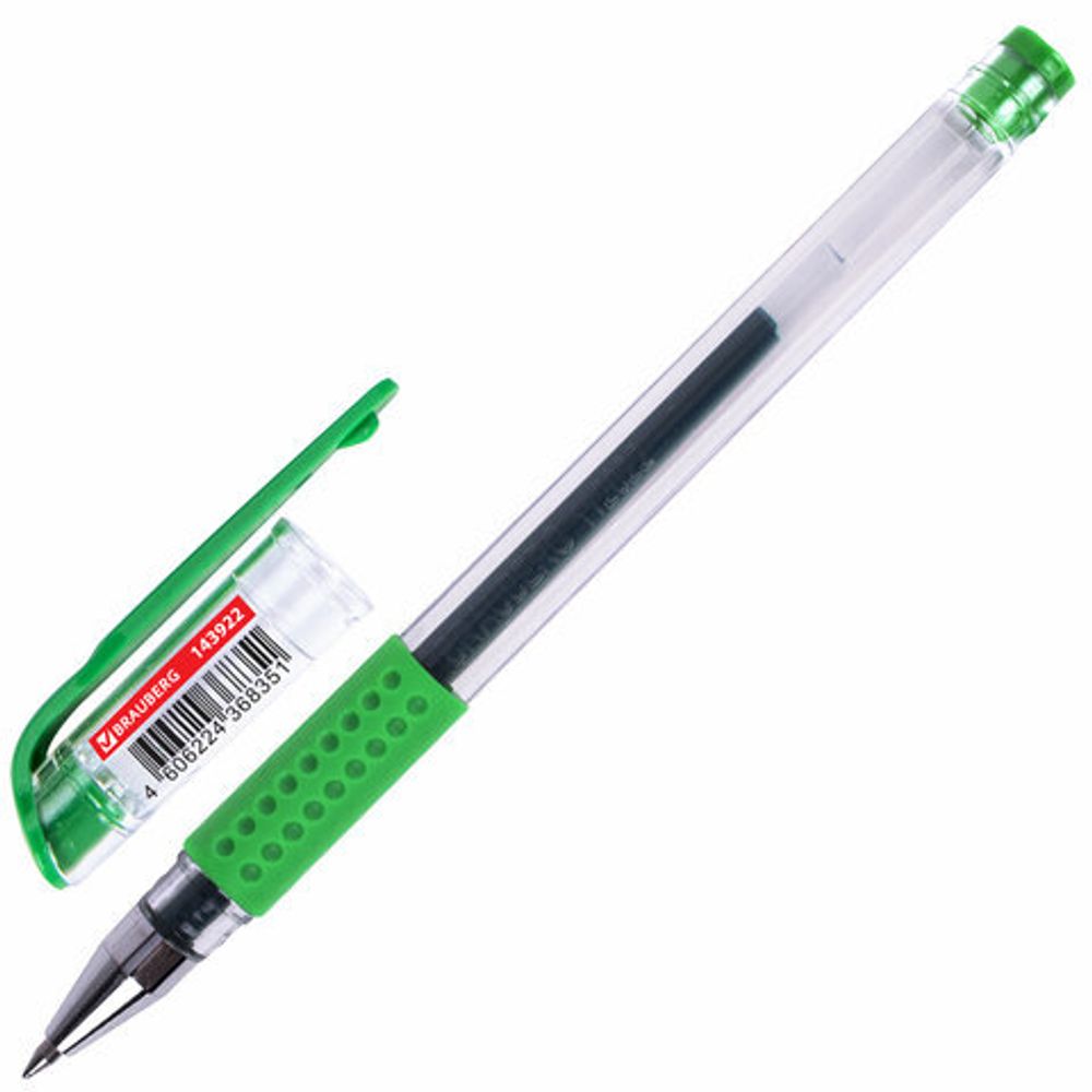 Ручка гелевая с грипом BRAUBERG "EXTRA GT", ЗЕЛЕНАЯ, стандартный узел 0,5 мм, линия 0,35 мм, 143922