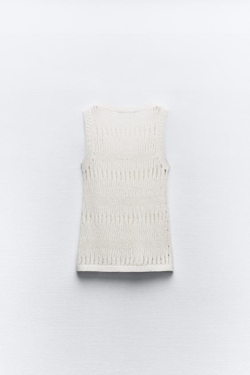 ZARA ТОП ИЗ ТРИКОТАЖА С БЛЕСТЯЩЕЙ НИТЬЮ БЕЗ РУКАВОВ, СЕРЕБРИСТЫЙ