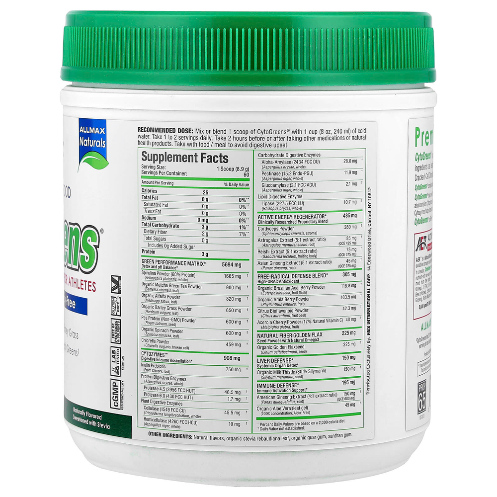 ALLMAX, CytoGreens, зеленый суперпродукт премиального качества для спортсменов, зеленый чай с ягодами асаи, 535 г (1,2 фунта)