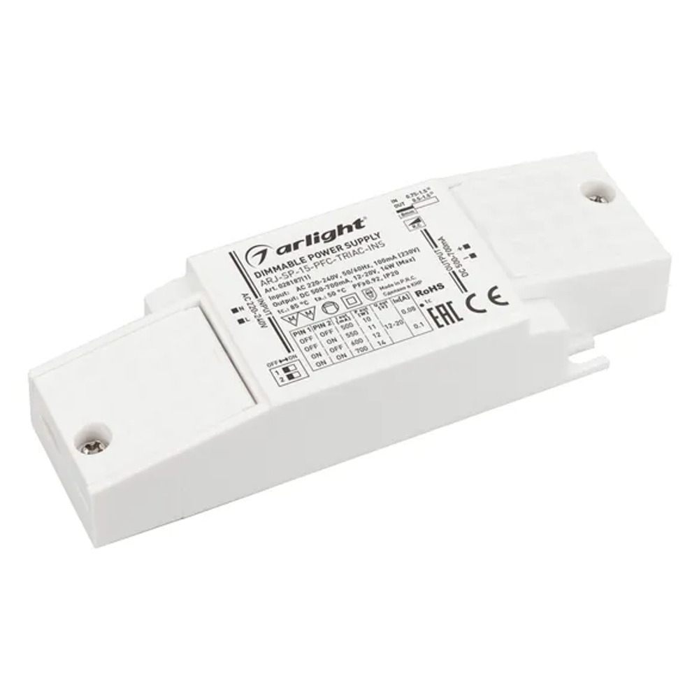 Блок питания ARJ-SP-15-PFC-TRIAC-INS (14W, 12-20V, 0.5-0.7A) (Arlight, IP20 Пластик, 5 лет) 028187(1)