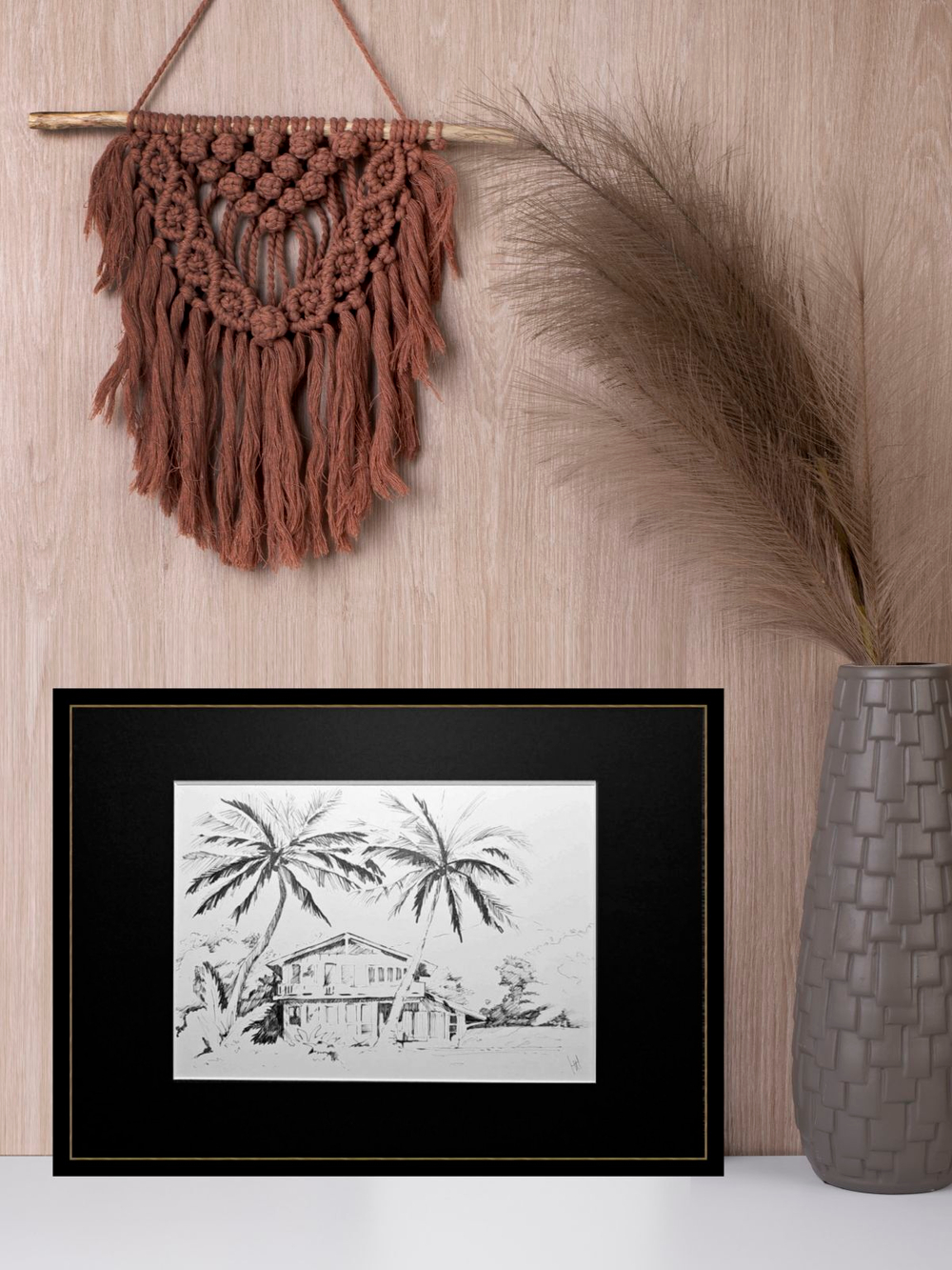 Картина, графика в паспарту 21х30 см на стену для интерьера "Бунгало"