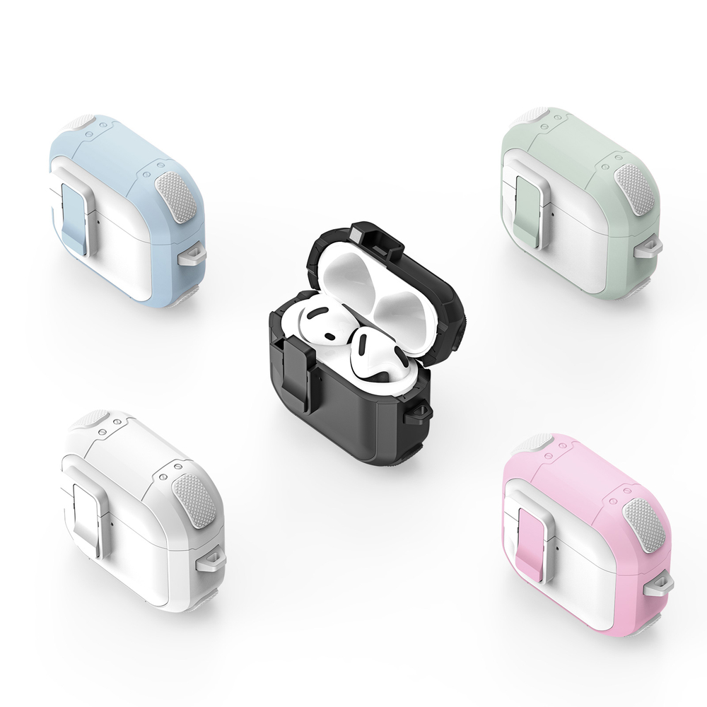 Усиленный чехол черного цвета от Dux Ducis для наушников AirPods 4, серия PECP Series Case, в комплекте с карабином