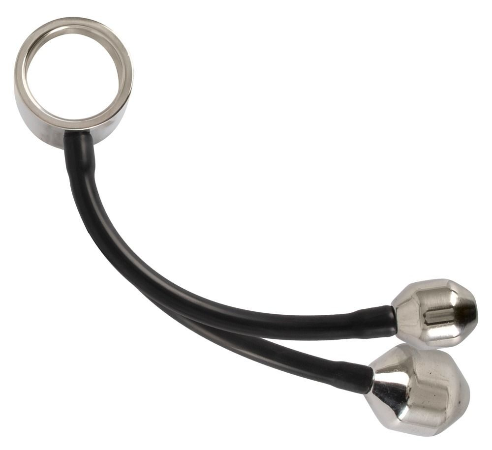 Эрекционное кольцо с 2 фигурными подвесами Heavy Gear cock ring & ass plugs (Цвет: серебристый с черным)