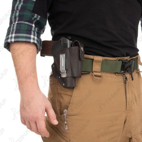 Кобура поясная к ПМ с запасной обоймой кожаная со скобой (HS-ПК-25/2) Helios