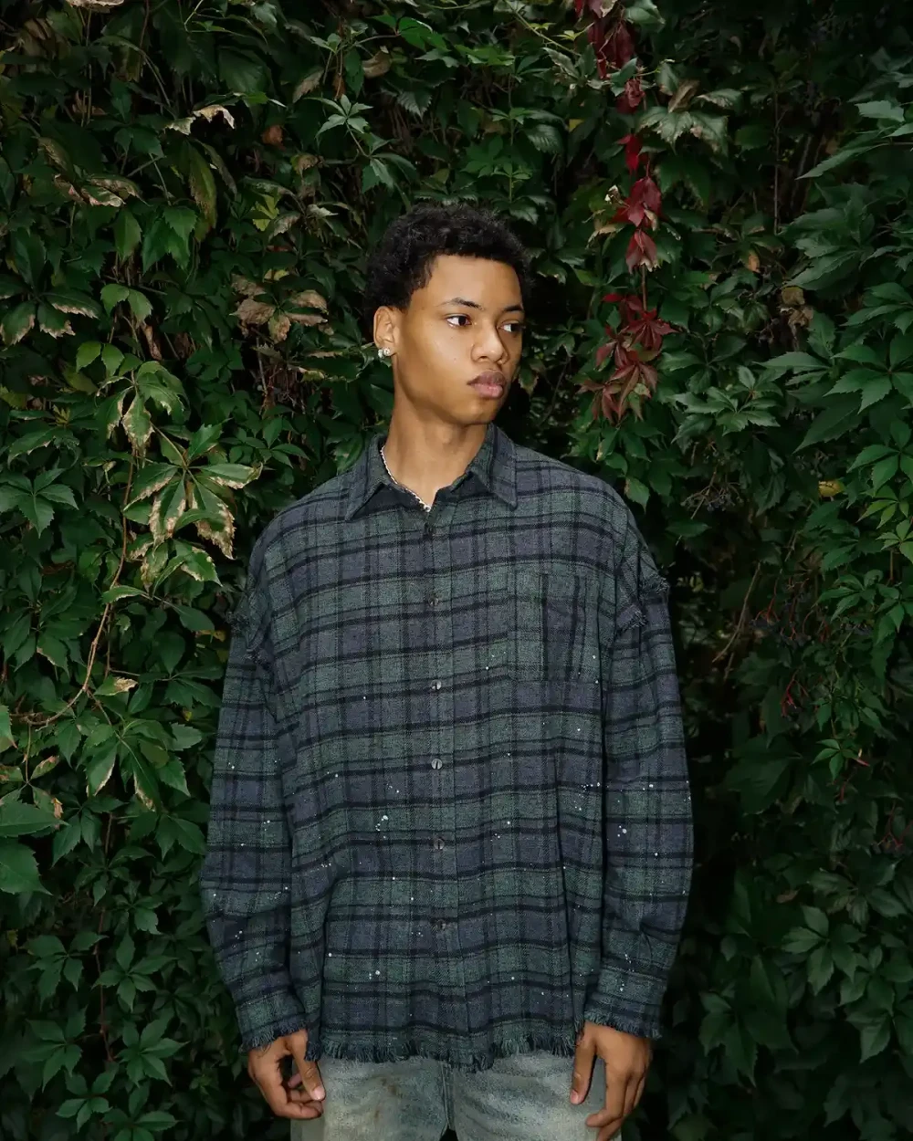 Рубашка в клетку с необработанным краем сине-зеленая