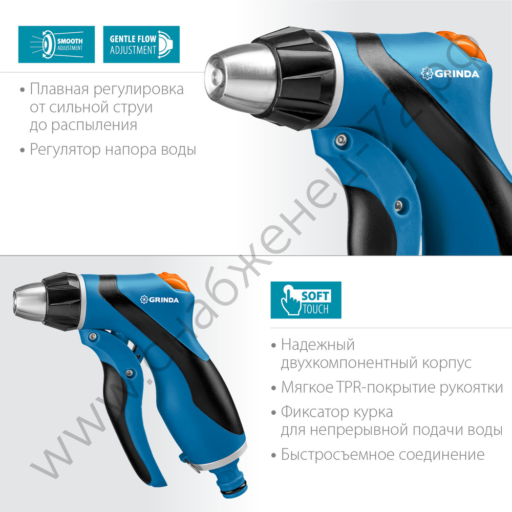 GRINDA F-R, курок спереди, двухкомпонентный, плавная регулировка напора, поливочный пистолет, PROLine (429121)