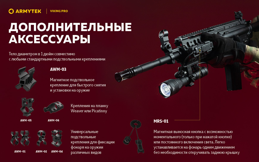 Фонарь тактический подствольный Armytek F07701W Viking Pro Magnet USB (теплый белый свет)