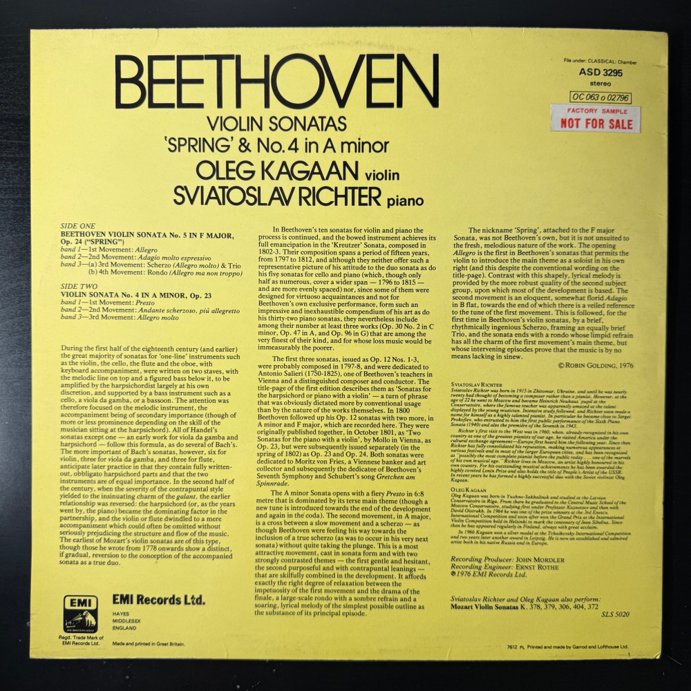 Бетховен - Скрипичные сонаты "Весенняя" и № 4 (Англия 1976г.) Promo