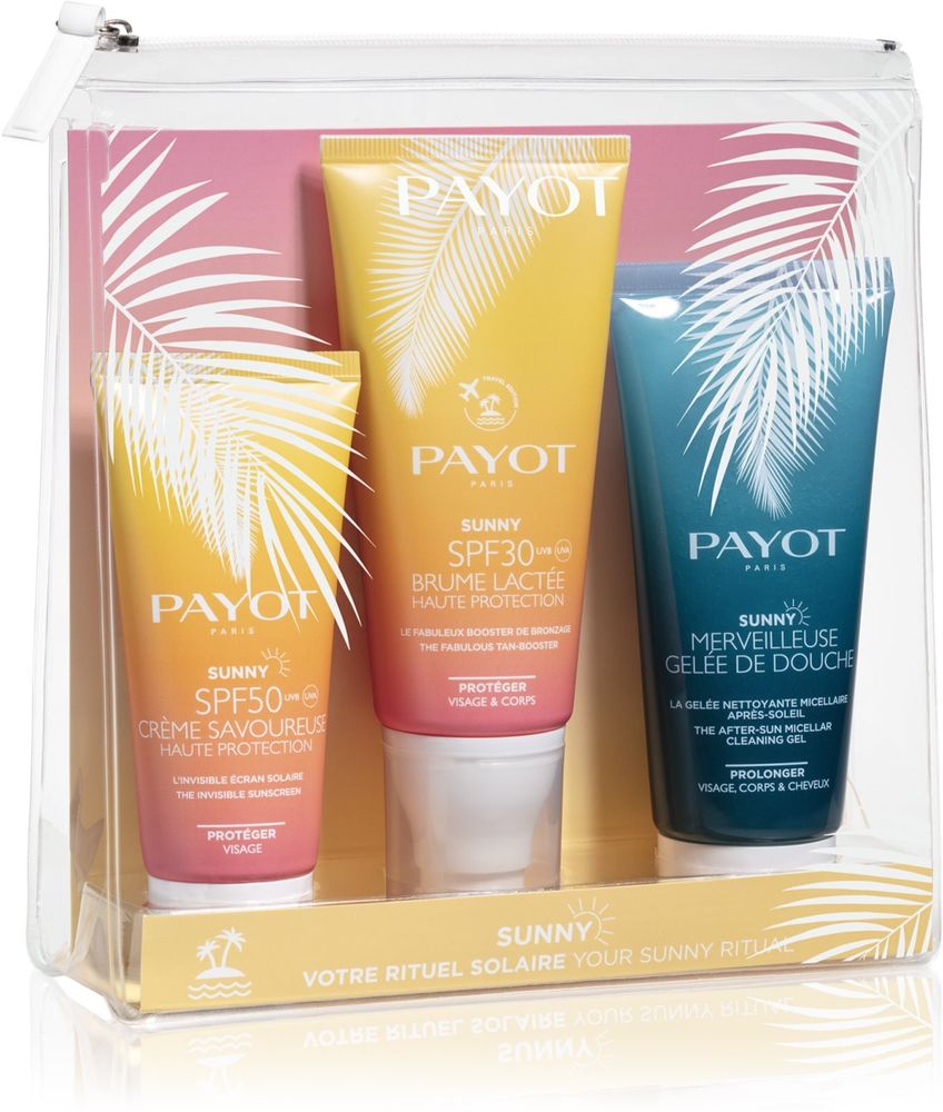 Payot Sunny Crème Savoureuse SPF 50 protective cream for the face and body SPF 50 50 мл + Sunny Brume Lactée SPF 30 protective lotion for body and face SPF 30 100 мл + Sunny Merveilleuse Gelée De Douche after - Sun shower gel for face, body and hair 100 мл Sunny Week-End Kit