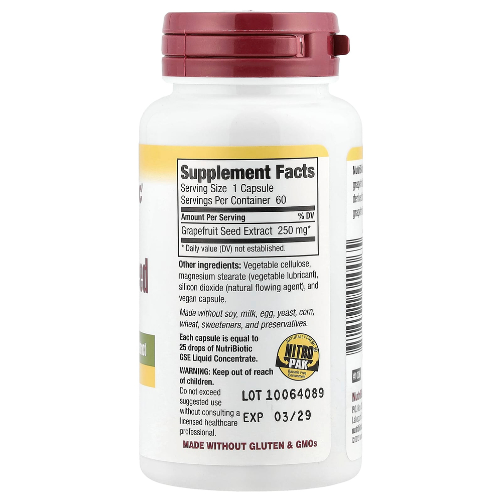 NutriBiotic, экстракт косточек грейпфрута, максимальная сила действия, 250 мг, 60 капсул