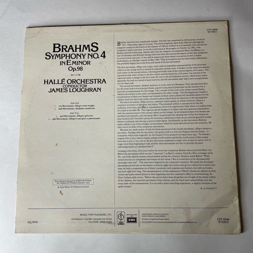 Винтажная виниловая пластинка LP Brahms Брамс, Halle Orchestra, James Loughran Симфония Symphony No.4 In E Minor (Англия 1974)