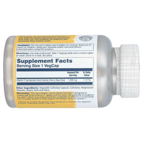 Solaray, витамин C с замедленным высвобождением, с шиповником и ацеролой, 1000 мг, 100 растительных капсул