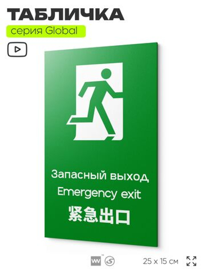 Табличка Запасный выход, на дверь и стену, информационная и мультиязычная (русский, английский, китайский), серия GLOBAL, 25х15 см, Айдентика Технолоджи