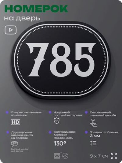 Номерок на дверь квартиры 785, для кабинета, офиса, шильдик 9 х 7 см, черный, Айдентика Технолоджи