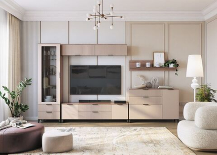 Стенка в гостиную со шкафом Дуб Табачный/Бисквит, Тоскана, 375,6х44,6х215 см