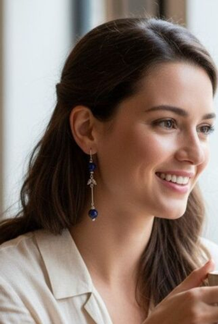 Серьги подвески лазурит с палочкой и листиком