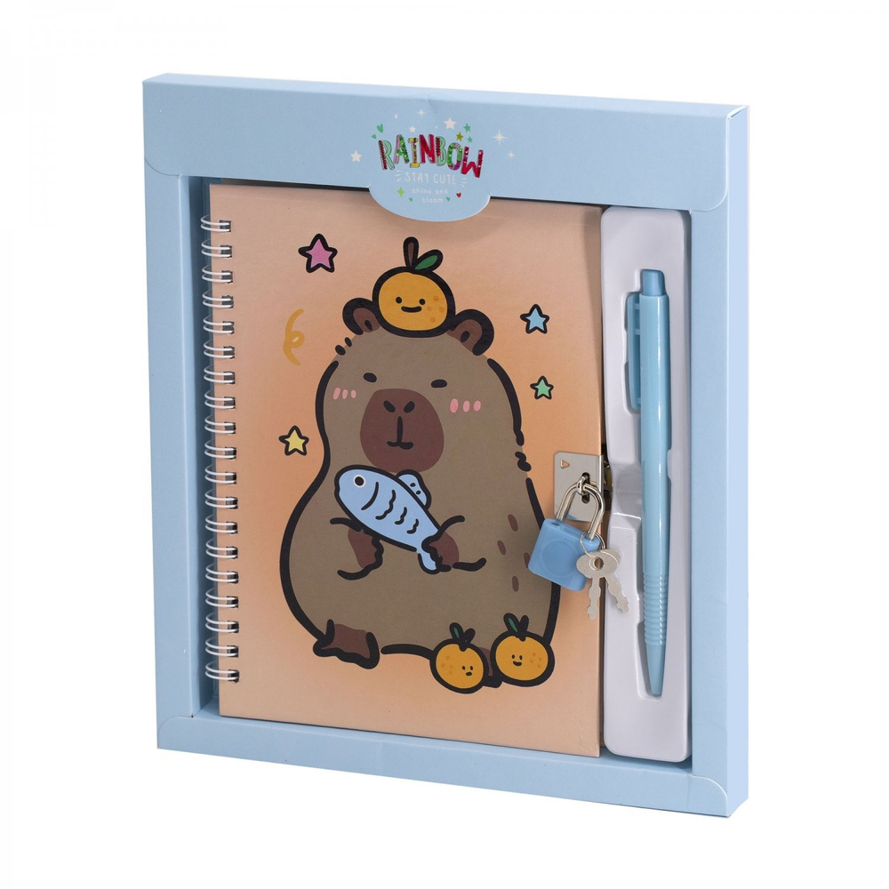 Блокнот в футляре, 17,5 см * 19,5 см, гребень, Alingar, ламинация, ручка, замочек, клетка, 45 л., "Забавные капибары", голубой