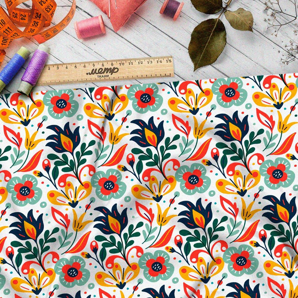 Ткань бязь яркие цветы из советского мультика