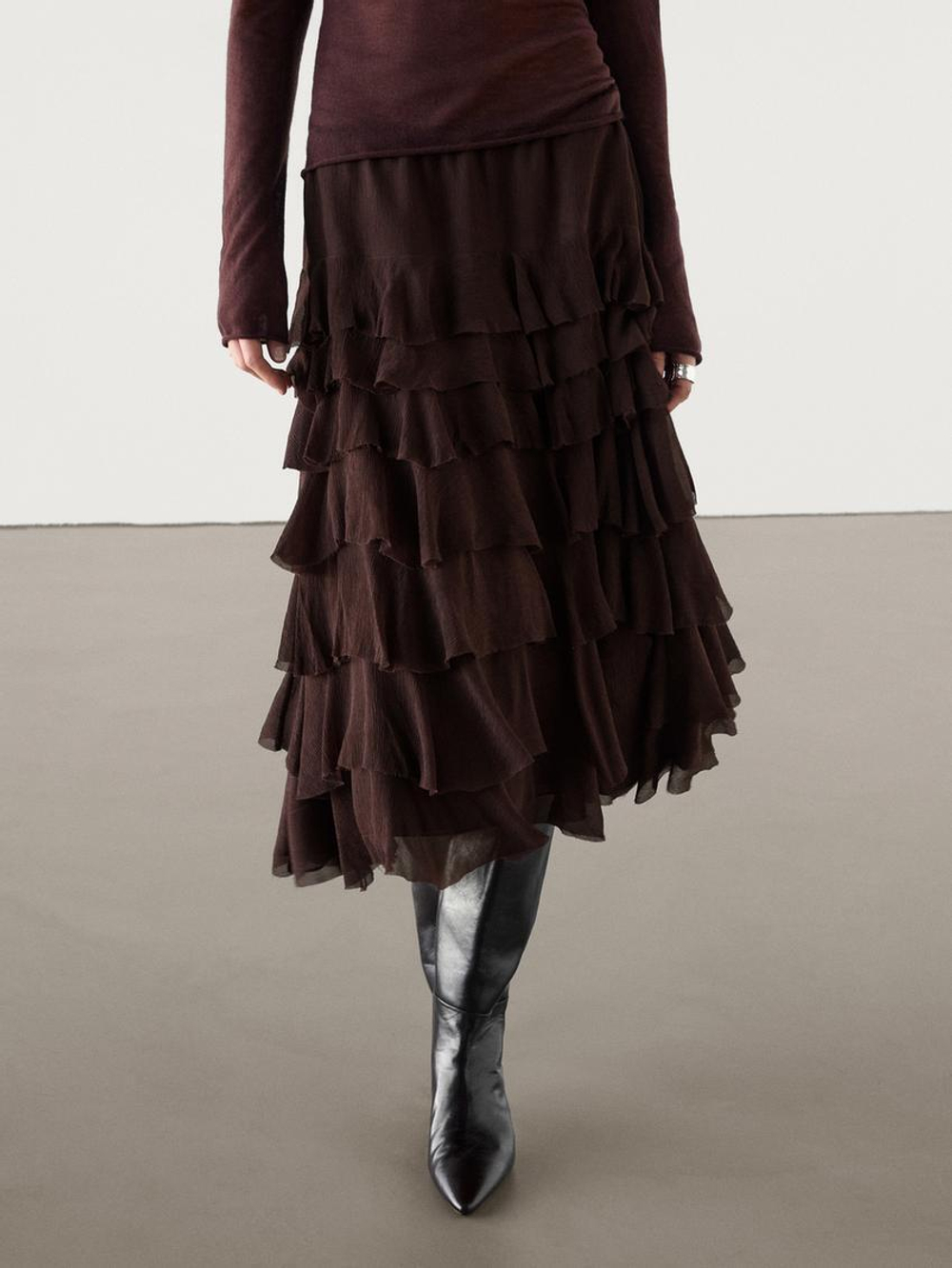 Massimo Dutti Юбка миди с оборками, шоколадно-коричневый