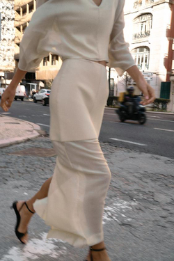 ZARA ПРЯМАЯ КОМБИНИРОВАННАЯ ТРИКОТАЖНАЯ ЮБКА, ЭКРЮ