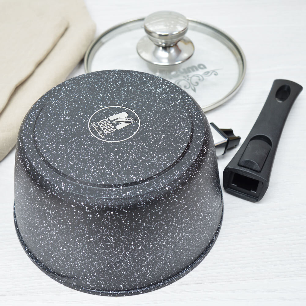 Ковш 1,7л Гранит black Induction Pro со съемной ручкой и стеклянной крышкой