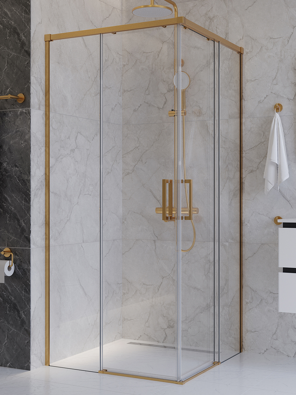 Душевой уголок Cezares PLANE-A-2-100-C-BORO, 100х100х195, профиль брашированное золото, стекло прозрачное