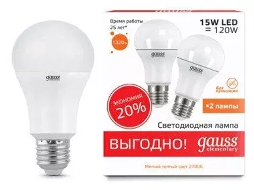 Лампа Gauss Elem Led A60 15W E27 2700K (2шт в упак) 23215P