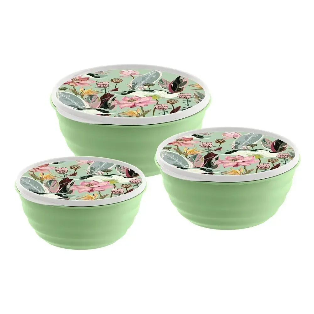Комплект мисок Latina 3 шт. (1,1л+2,1л+3,2л) с крышками с декором (зеленый)