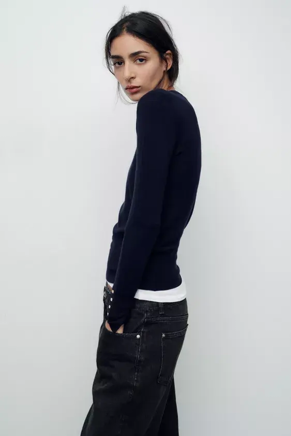 ZARA БАЗОВЫЙ ОДНОТОННЫЙ ДЖЕМПЕР, МОРСКОЙ СИНИЙ