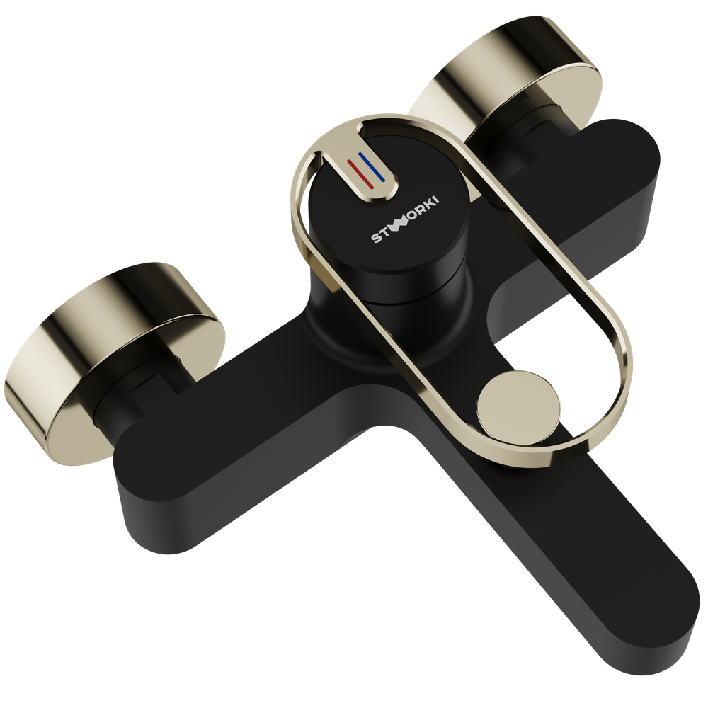 Смеситель для ванны с душем STWORKI Малунг S11100BG матовый черный, глянцевое золото