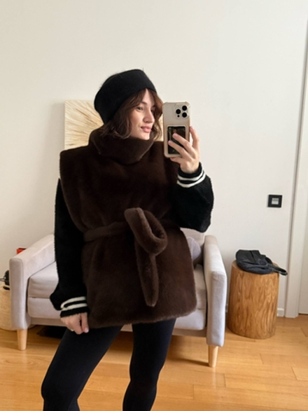 Меховая манишка с поясом Шоколад