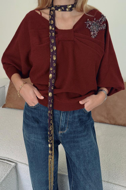 ZARA АСИММЕТРИЧНЫЙ СВИТЕР С ОТДЕЛКОЙ ИЗ СТРАЗ, ГРАНАТОВЫЙ