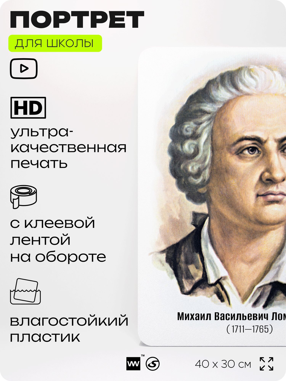 Портрет для школы в кабинет литературы и русского языка "Ломоносов Михаил Васильевич", стенд школьный для класса, для оформления классного уголка, 40х30 см, Silver Plane x Айдентика Технолоджи